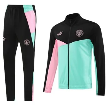 24-25 Man City black with green and pink stripe full zipper jacket tracksuit