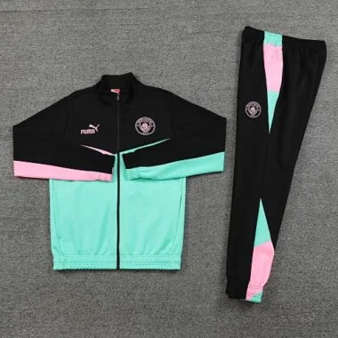 24-25 Man City black with green and pink stripe full zipper jacket tracksuit